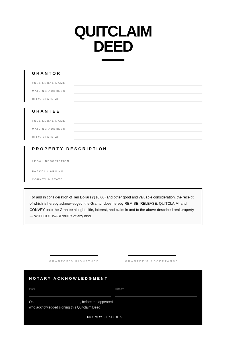 Monochrome bold quitclaim deed